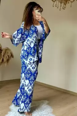 Otantik Desen Kimono Takım Mavi