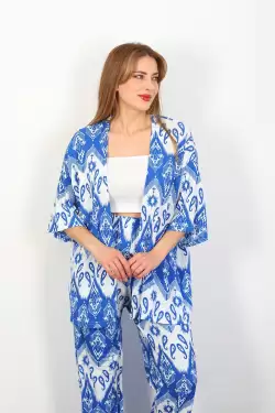 Otantik Desen Kimono Takım Mavi