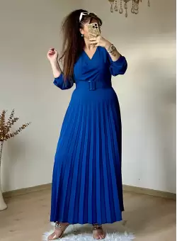 Pileli Kemerli Elbise Mavı