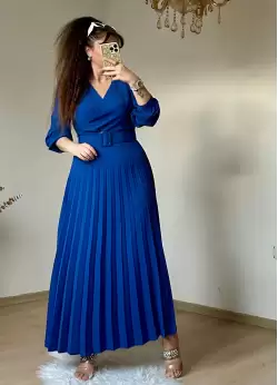 Pileli Kemerli Elbise Mavı