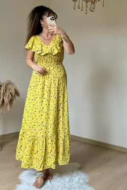 Prenses Çıtır Çiçekli Elbise Sarı
