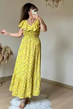 Prenses Çıtır Çiçekli Elbise Sarı