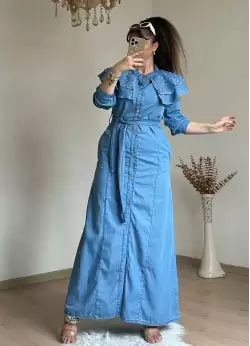 Prenses Yaka Kot Elbise Açık Mavi