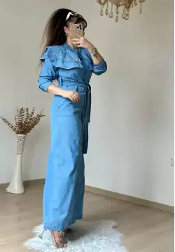 Prenses Yaka Kot Elbise Açık Mavi