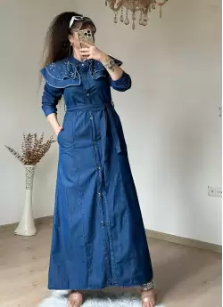 Prenses Yaka Kot Elbise Koyu Mavi