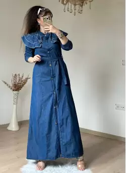 Prenses Yaka Kot Elbise Koyu Mavi