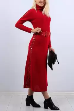 Pul Detaylı Triko Elbise KIRMIZI