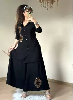 Pul İşlemeli Pantalon Etekli Takım
