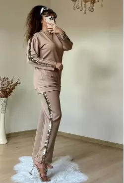 Pul Payet Şerıtlı Takım Bej