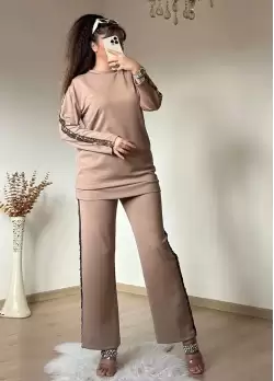 Pul Payet Şerıtlı Takım Bej