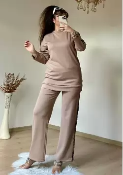 Pul Payet Şerıtlı Takım Bej