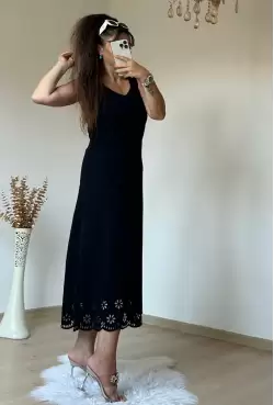 Sıfır Kol Etek Ucu Desenli Elbise Siyah