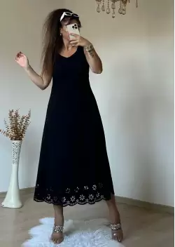 Sıfır Kol Etek Ucu Desenli Elbise Siyah