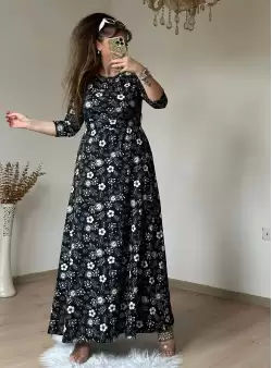Siyah Çıtır Çıceklı Bürümcük Elbise