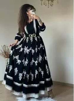 Siyah Etnik Desen Salaş Elbise