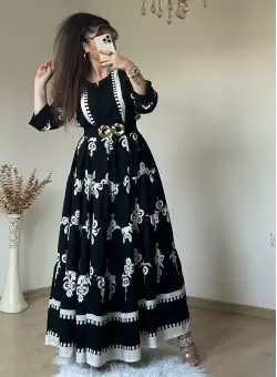 Siyah Etnik Desen Salaş Elbise