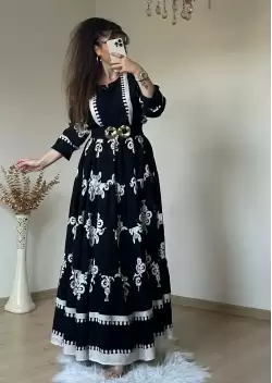 Siyah Etnik Desen Salaş Elbise