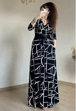 Full Length White Geometric Pattern Dress