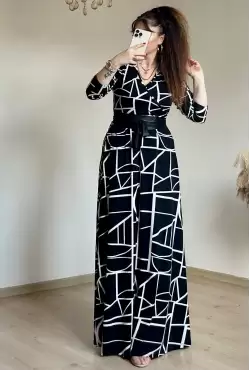 Full Length White Geometric Pattern Dress