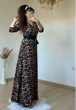 Tam Boy Kahve Leopar Elbise