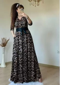 Tam Boy Kahve Leopar Elbise