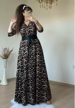 Tam Boy Kahve Leopar Elbise