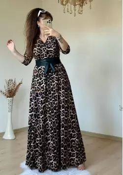 Tam Boy Kahve Leopar Elbise