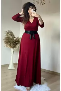 Tam Boy Kemerli Düz Elbise Bordo