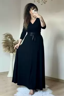 Tam Boy Kemerli Düz Elbise Siyah