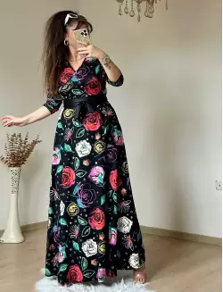 Tam Boy Kırmızı Gül Desen Elbise