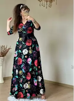 Tam Boy Kırmızı Gül Desen Elbise