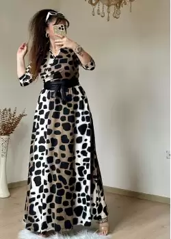 Tam Boy Koyu Leopar Elbise