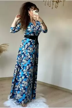Tam Boy Mavi Çiçek Elbise