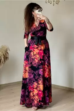 Tam Boy Mor Çiçek Elbise