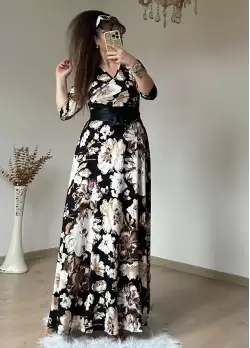 Tam Boy Siyah Byaz Çiçek Desen Elbise