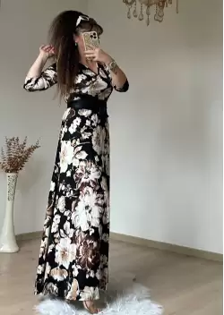 Tam Boy Siyah Byaz Çiçek Desen Elbise