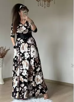 Tam Boy Siyah Byaz Çiçek Desen Elbise