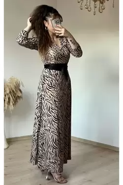 Tam Boy Süet Kahve Çizgi Desen Kadife Elbise