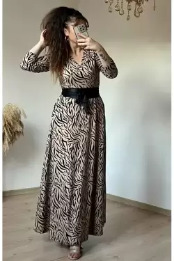Tam Boy Süet Kahve Çizgi Desen Kadife Elbise