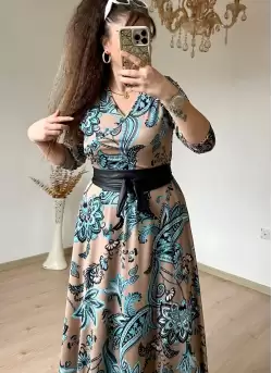 Tam Boy Turkuaz Desen Çiçek Elbise
