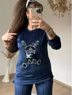 Taşlı Tavşan Kadıfe Takım Lacivert