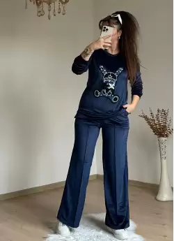 Taşlı Tavşan Kadıfe Takım Lacivert