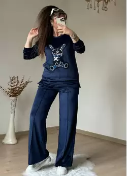 Taşlı Tavşan Kadıfe Takım Lacivert