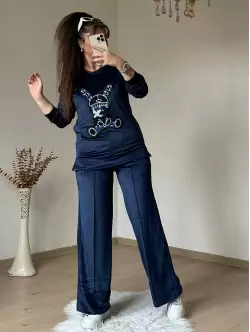 Taşlı Tavşan Kadıfe Takım Lacivert