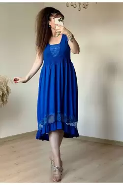 Tül Detaylı Mavi Elbise