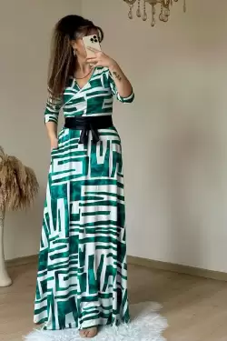 Full Length Turquoise Geometric Pattern Dress