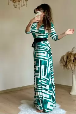 Full Length Turquoise Geometric Pattern Dress