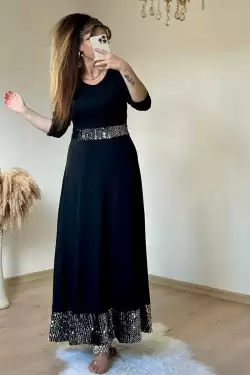 Uzun Bel Ve Etek Ucu Pul Payetlı Elbise