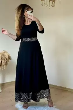Uzun Bel Ve Etek Ucu Pul Payetlı Elbise