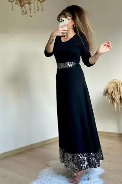 Uzun Bel Ve Etek Ucu Pul Payetlı Elbise